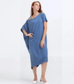 Smart & Joy Losse asymmetrische minimalistische cupro-jurk blue Sale