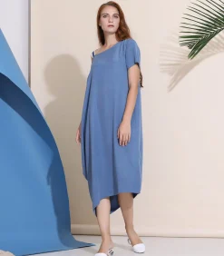 Smart & Joy Losse asymmetrische minimalistische cupro-jurk blue Sale