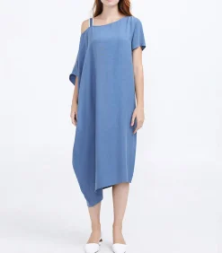Smart & Joy Losse asymmetrische minimalistische cupro-jurk blue Sale