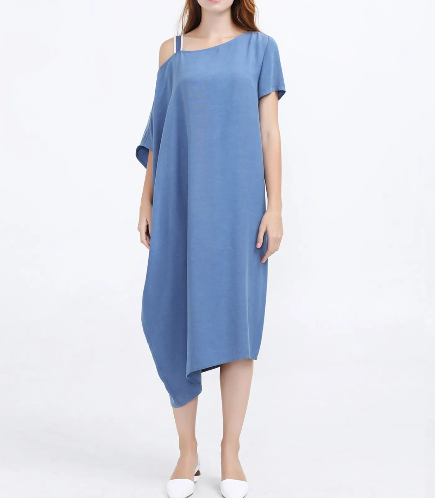 Smart & Joy Losse asymmetrische minimalistische cupro-jurk blue Sale