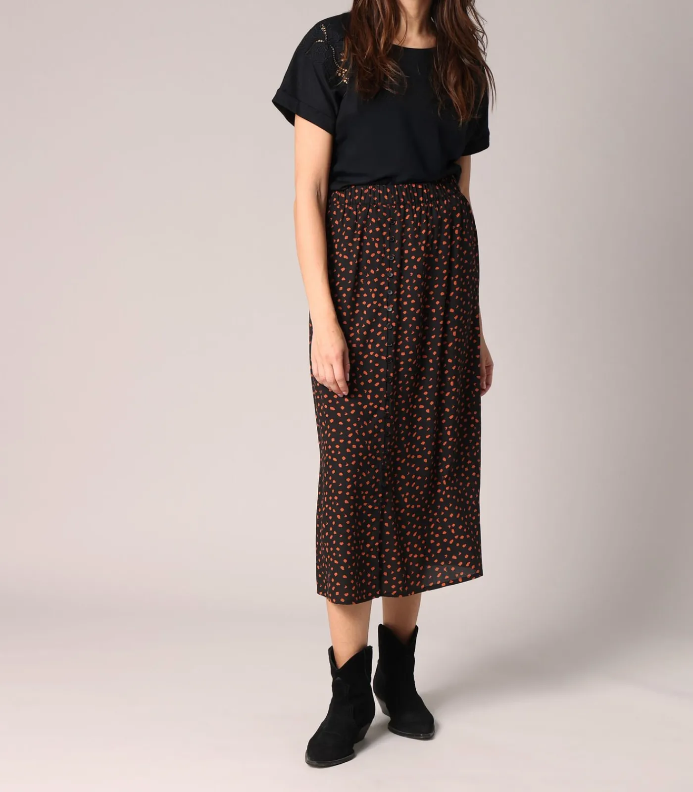 Deeluxe LOUNA - Midi-rok met stippenprint en elastische taille black Online