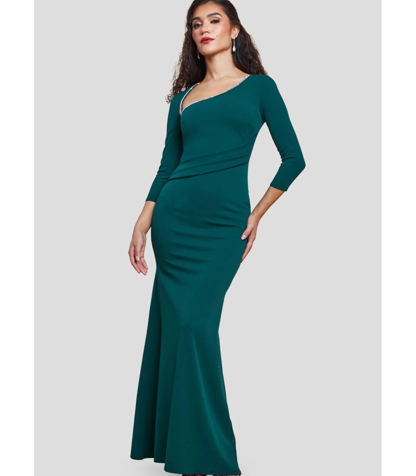 Goddiva Maxi-jurk “Asymmetric Neck Diamante Embellished Maxi Dress” oliveGreen Hot
