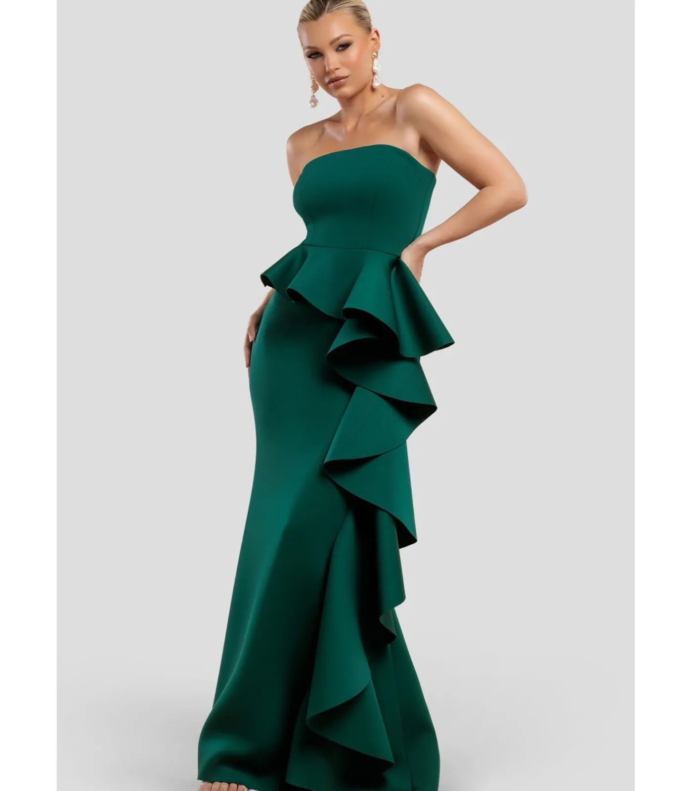 Goddiva Maxi-jurk “Boobtube Peplum Waterfall Frill Maxi Dress” oliveGreen