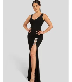 Goddiva Maxi-jurk “Diamante Brooch Thigh Split Mermaid Maxi Dress” black New