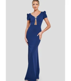 Goddiva Maxi-jurk “Diamante Embellished Bow Scuba Crepe Maxi Dress” darkBlue Clearance
