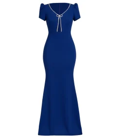 Goddiva Maxi-jurk “Diamante Embellished Bow Scuba Crepe Maxi Dress” darkBlue Clearance