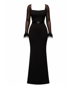 Goddiva Maxi-jurk “Dobby Mesh Feather Sleeve Evening Maxi Dress” black Online