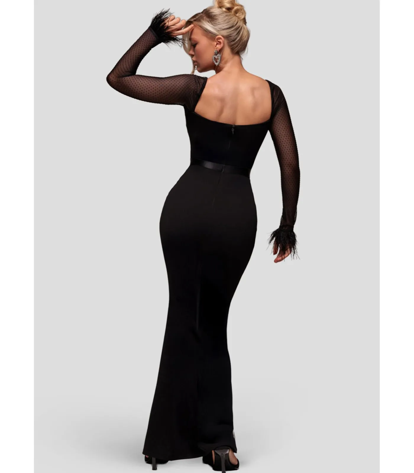 Goddiva Maxi-jurk “Dobby Mesh Feather Sleeve Evening Maxi Dress” black Online