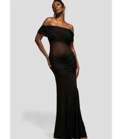 Goddiva Maxi-jurk “Gathered Off The Shoulder Mesh Waist Panel Maxi Dress” black Sale