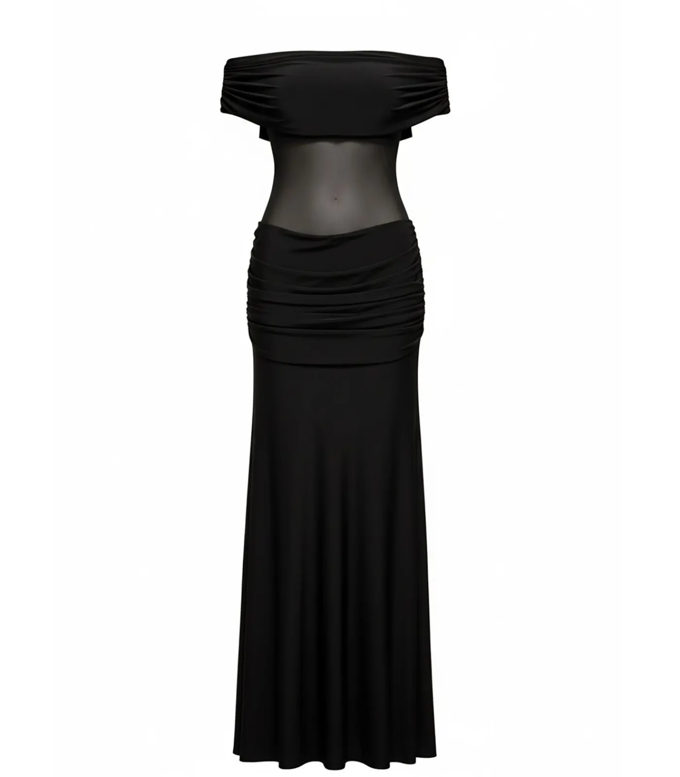Goddiva Maxi-jurk “Gathered Off The Shoulder Mesh Waist Panel Maxi Dress” black Sale