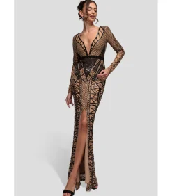 Goddiva Maxi-jurk “Geometric Sequin Plunge Maxi” black New