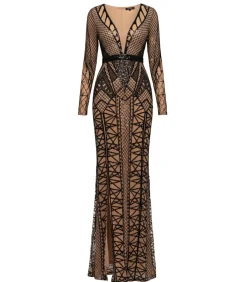 Goddiva Maxi-jurk “Geometric Sequin Plunge Maxi” black New