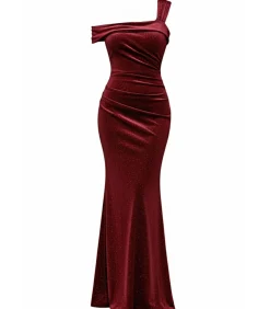 Goddiva Maxi-jurk “Glitter Polka Dot Velvet One Shoulder Maxi Dress” darkRed Hot