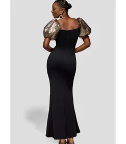 Goddiva Maxi-jurk “Jacquard Puff Sleeve Sweetheart Scuba Maxi Dress” black Outlet