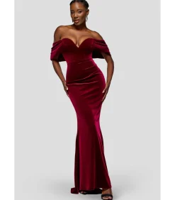 Goddiva Maxi-jurk “Off The Shoulder Deep Plunge Velvet Maxi Dress” red Discount