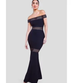 Goddiva Maxi-jurk “Off The Shoulder Ribbed Bodycon Maxi Dress” black