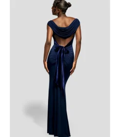 Goddiva Maxi-jurk “Open Back Cowl Neck Gathered Maxi Dress With Velvet Tie Back” darkBlue Sale