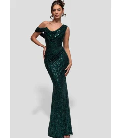 Goddiva Maxi-jurk “Sequin Cowl One Shoulder Maxi Dress” oliveGreen Hot