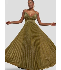 Goddiva Maxi-jurk “Sleeveless Pleated A Line Lurex Maxi Dress” gold