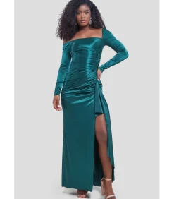 Goddiva Maxi-jurk “Slinky Satin One Shoulder Split Maxi Dress” oliveGreen Online
