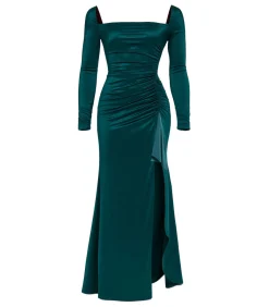 Goddiva Maxi-jurk “Slinky Satin One Shoulder Split Maxi Dress” oliveGreen Online