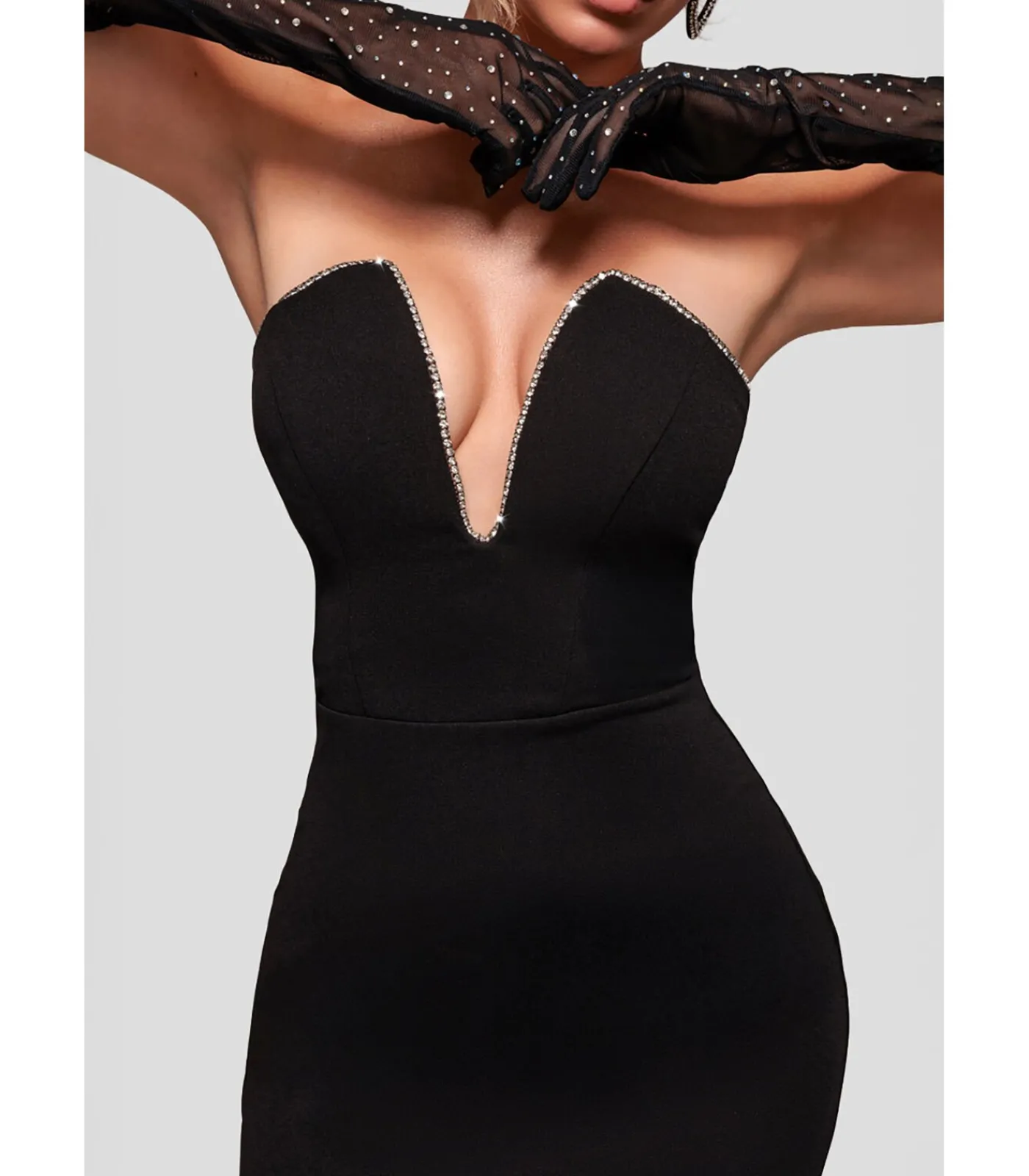 Goddiva Maxi-jurk “Strapless Super Plunge Diamante Neck Maxi Dress” black Outlet