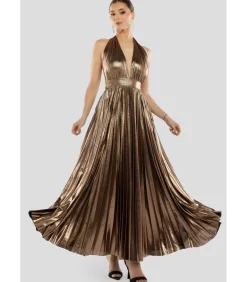 Goddiva Maxi-jurk “Sunrise Foil Halterneck A Line Maxi Dress” bronze