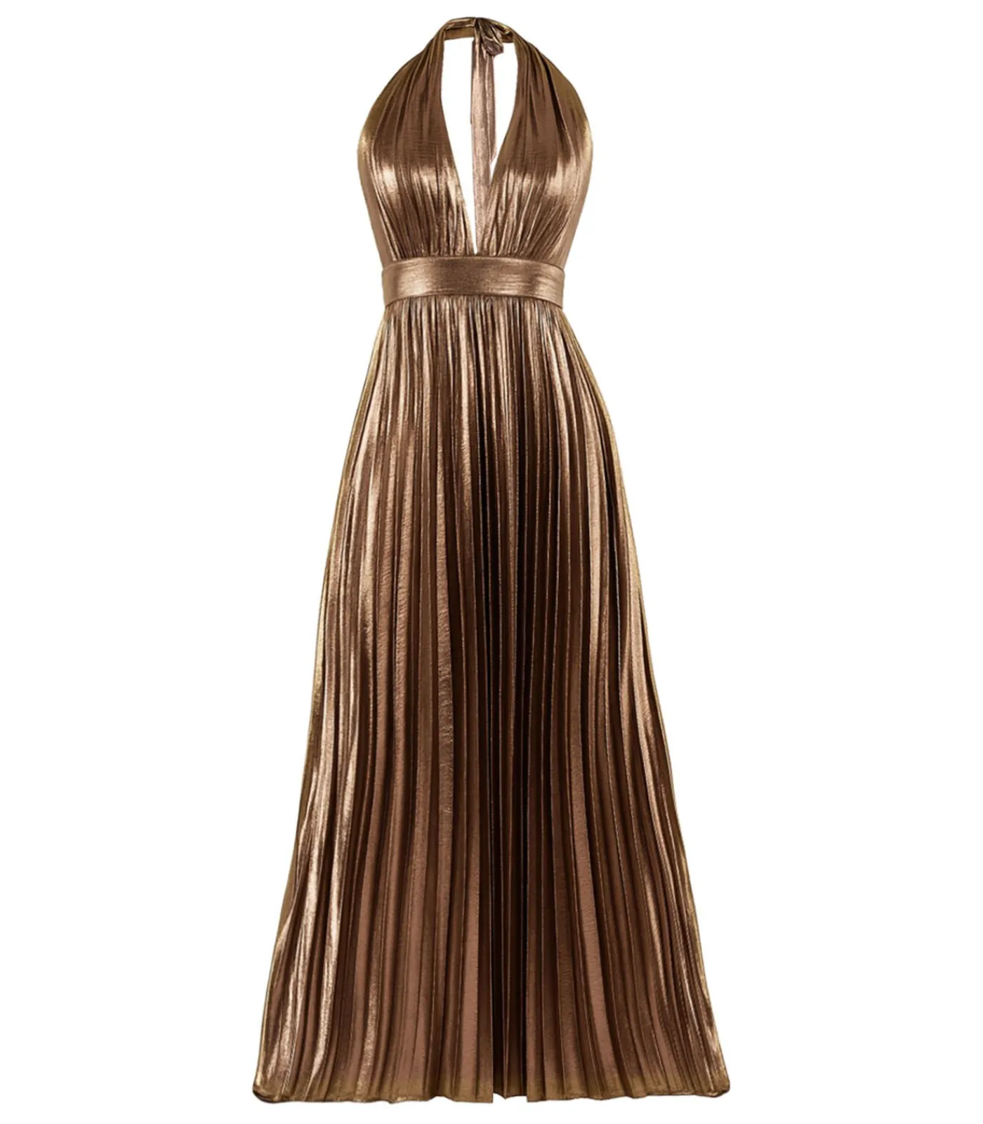 Goddiva Maxi-jurk “Sunrise Foil Halterneck A Line Maxi Dress” bronze
