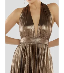 Goddiva Maxi-jurk “Sunrise Foil Halterneck A Line Maxi Dress” bronze
