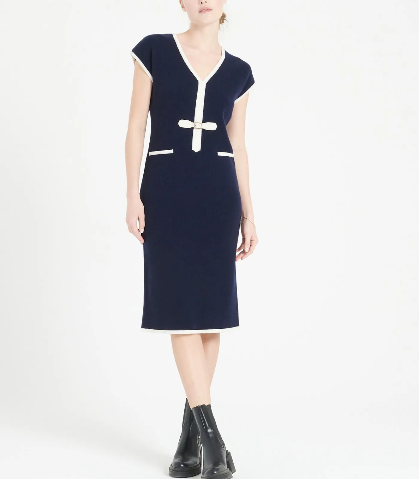 Studio Cashmere8 MIA 2 midi-jurk met V-hals - 100% kasjmier navyBlue Best