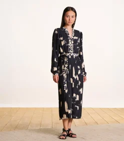 La Fée Maraboutée Midi geplooide jurk blauw en beige met lange mouwen en print navyBlue Best