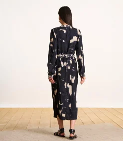 La Fée Maraboutée Midi geplooide jurk blauw en beige met lange mouwen en print navyBlue Best