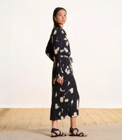 La Fée Maraboutée Midi geplooide jurk blauw en beige met lange mouwen en print navyBlue Best