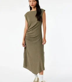 Koton Midi-jurk Asymmetrisch Mouwloos Plissé Groen khaki New