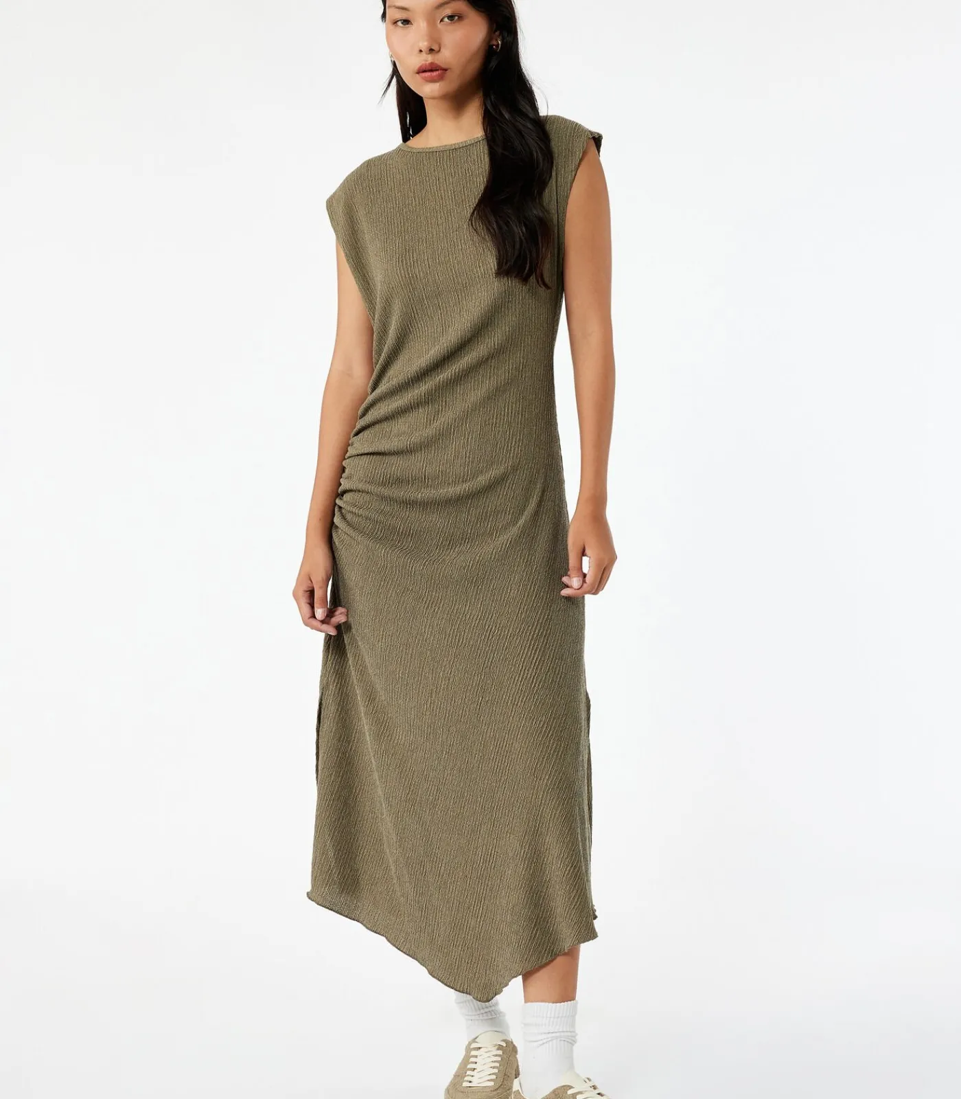 Koton Midi-jurk Asymmetrisch Mouwloos Plissé Groen khaki New