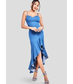 Goddiva Midi-jurk “Denim Asymmetric Frill Maxi Dress” blueJeans