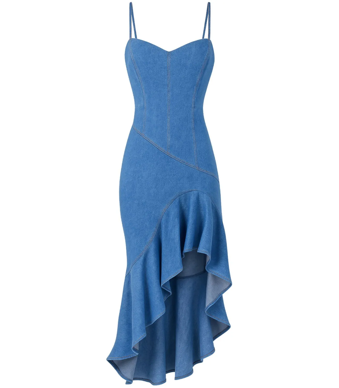 Goddiva Midi-jurk “Denim Asymmetric Frill Maxi Dress” blueJeans