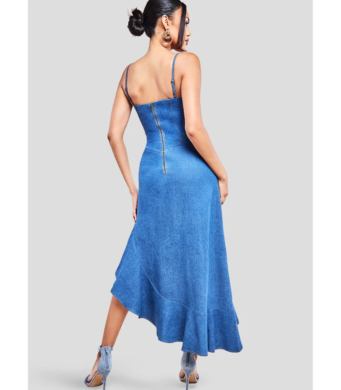 Goddiva Midi-jurk “Denim Asymmetric Frill Maxi Dress” blueJeans