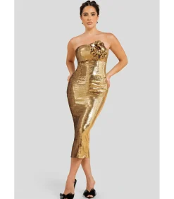 Goddiva Midi-jurk “Liquid Sequin Boobtube Midaxi With Corsage” gold New