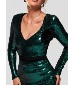 Goddiva Midi-jurk “Liquid Sequin Midi With Corsage” oliveGreen Best