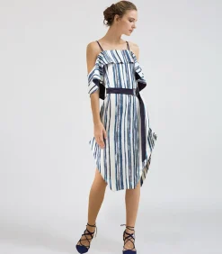 Smart & Joy Midi-jurk met dun bandje en ruche in gestreepte print blue Online
