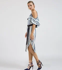Smart & Joy Midi-jurk met dun bandje en ruche in gestreepte print blue Online