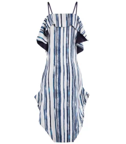 Smart & Joy Midi-jurk met dun bandje en ruche in gestreepte print blue Online