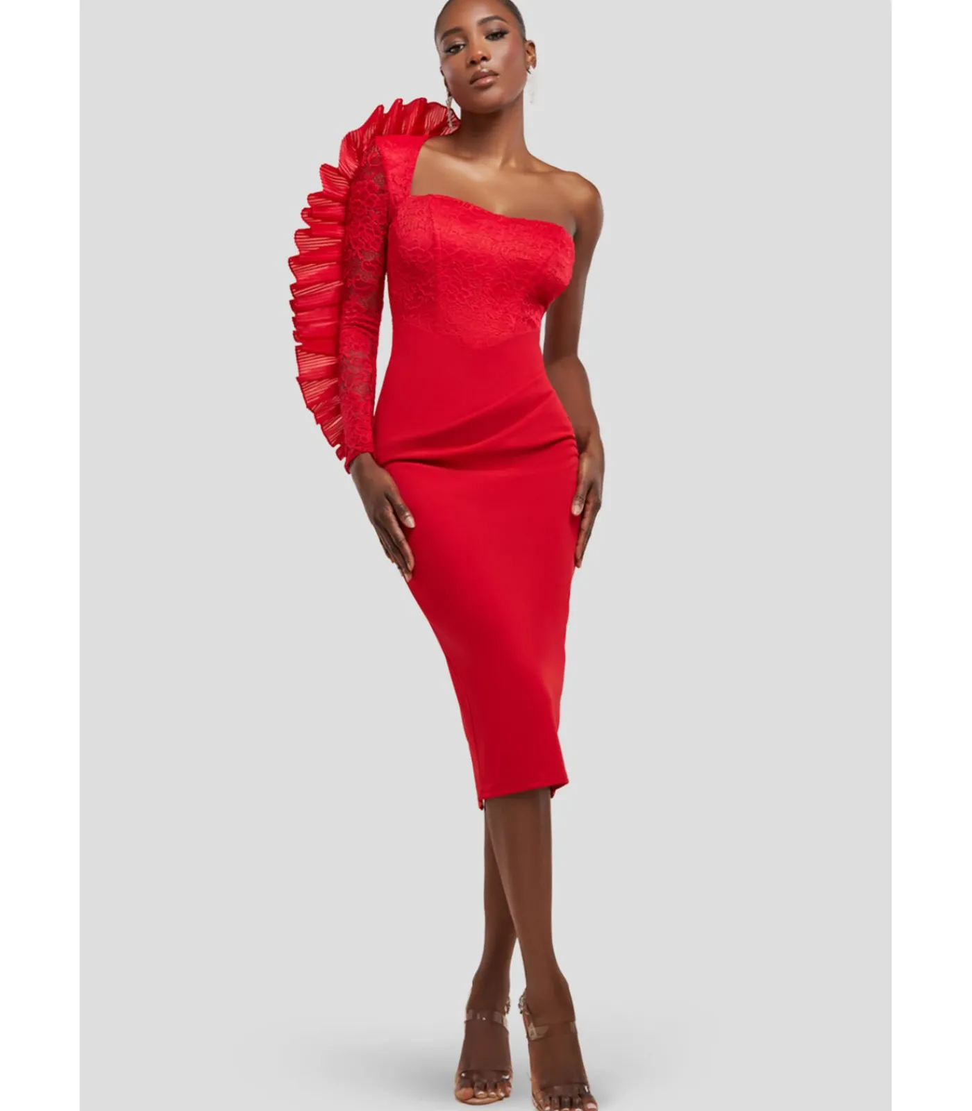Goddiva Midi-jurk “One Shoulder Organza Fan Detail Lace Bodice Midi Dress” red Outlet