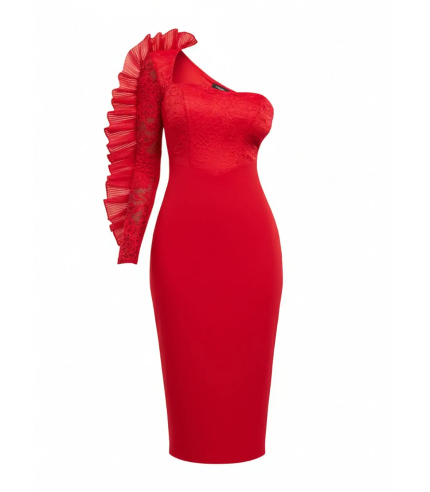 Goddiva Midi-jurk “One Shoulder Organza Fan Detail Lace Bodice Midi Dress” red Outlet