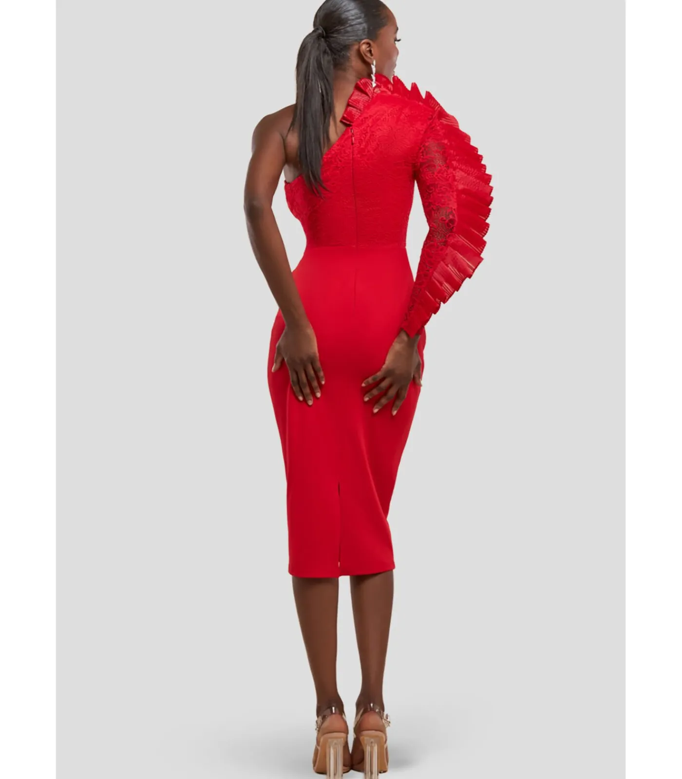 Goddiva Midi-jurk “One Shoulder Organza Fan Detail Lace Bodice Midi Dress” red Outlet