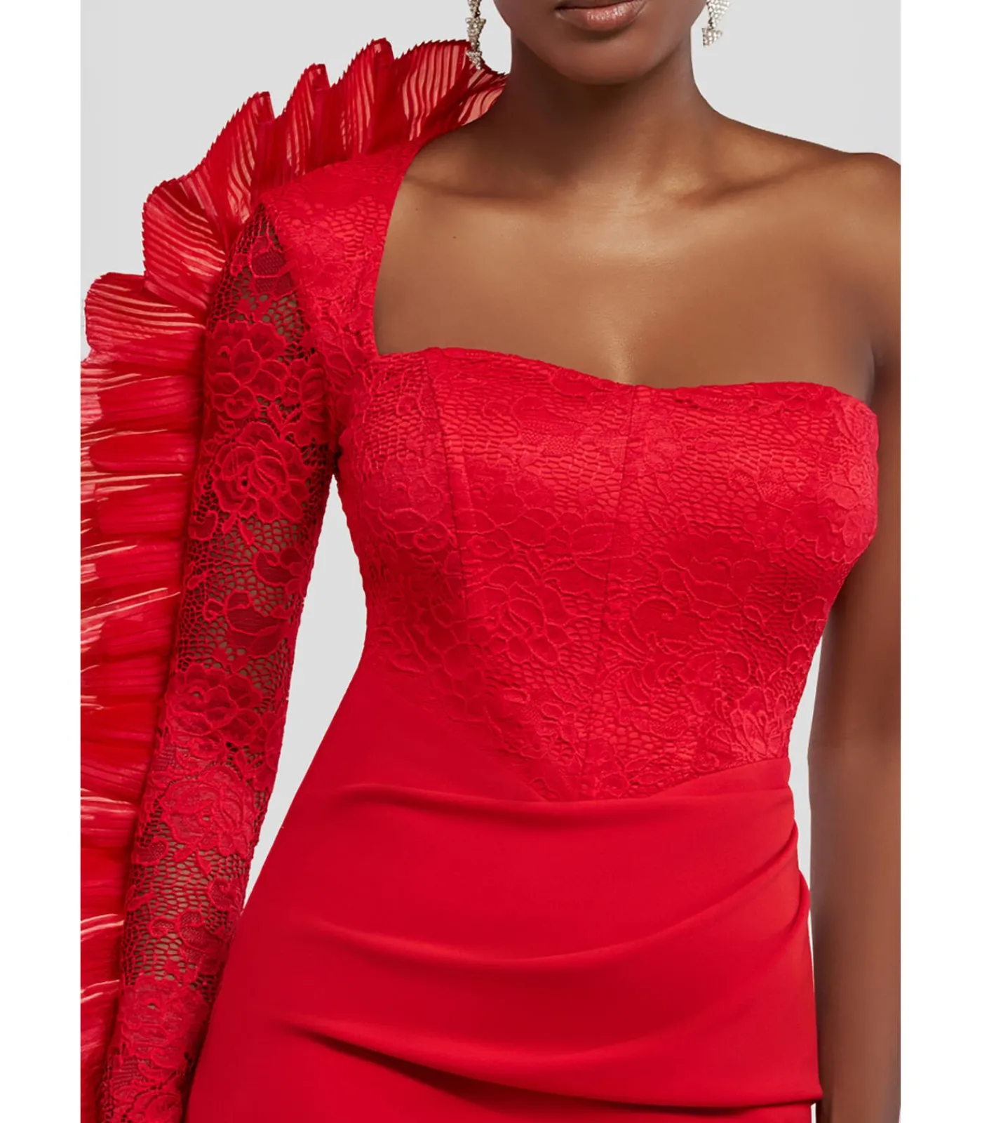 Goddiva Midi-jurk “One Shoulder Organza Fan Detail Lace Bodice Midi Dress” red Outlet