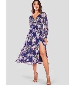 Goddiva Midi-jurk “Printed Lurex Chiffon Long Sleeve Midi Dress” darkBlue