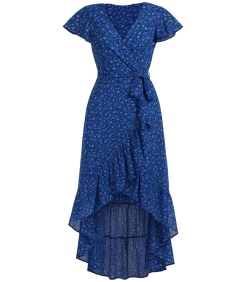 Goddiva Midi-jurk “Printed Wrap High And Low Midaxi Dress” darkBlue Sale