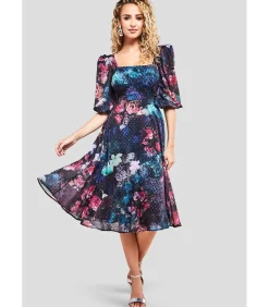 Goddiva Midi-jurk “Puff Sleeve Shirred Back Midi Dress” black Clearance